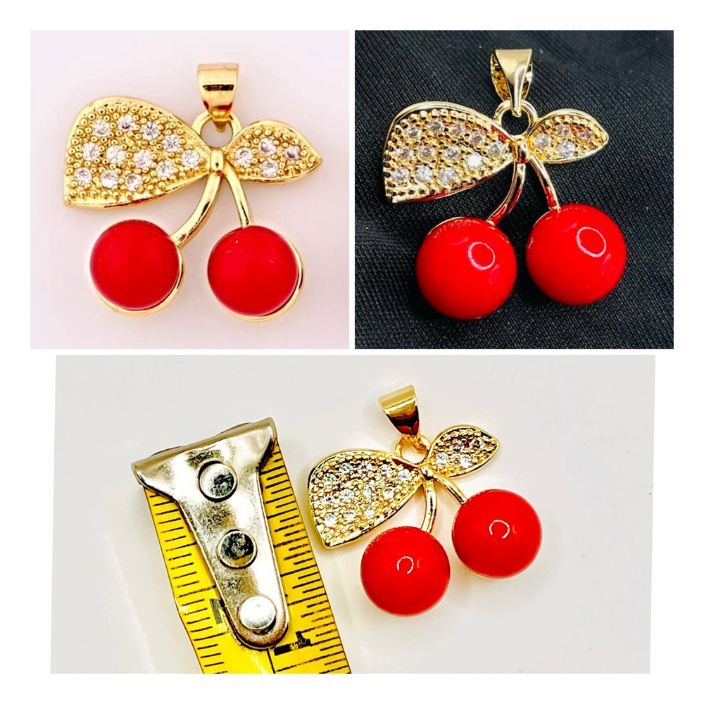 NEW 18K Gold Plated Red Cherry Pendant with Crystal CZs Gemstones - Rose Gold